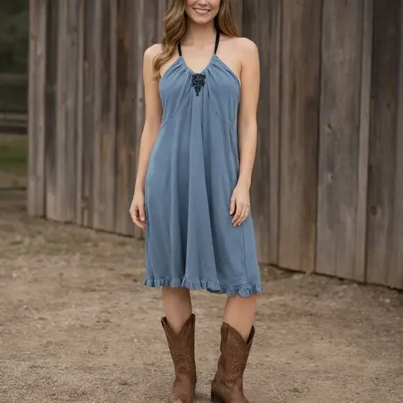 NWT Velvet by Graham & Spencer Halter Dress Blue Cotton Silk Trim Size L Western - Picture 1 of 11